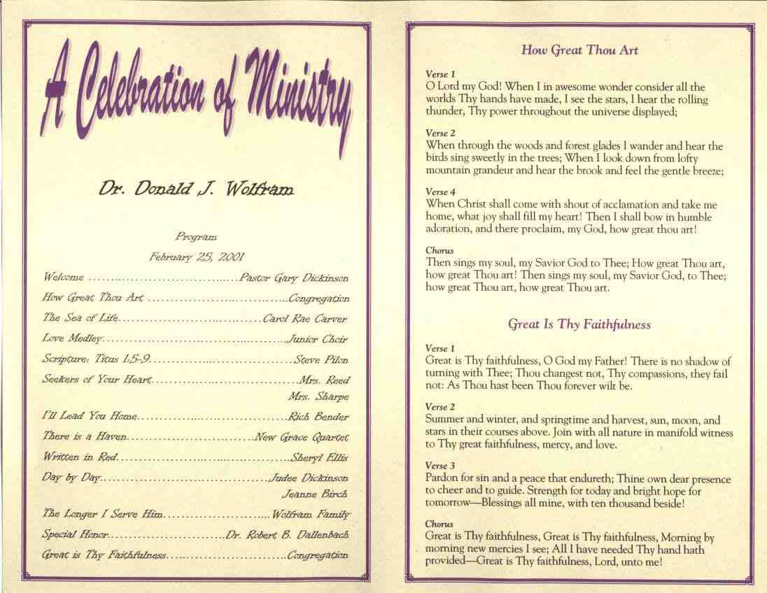 Program for Celebration of Ministry for Donald J. Wolfram