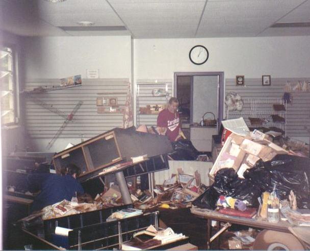 The bookstore looks like a tornado had roared through.